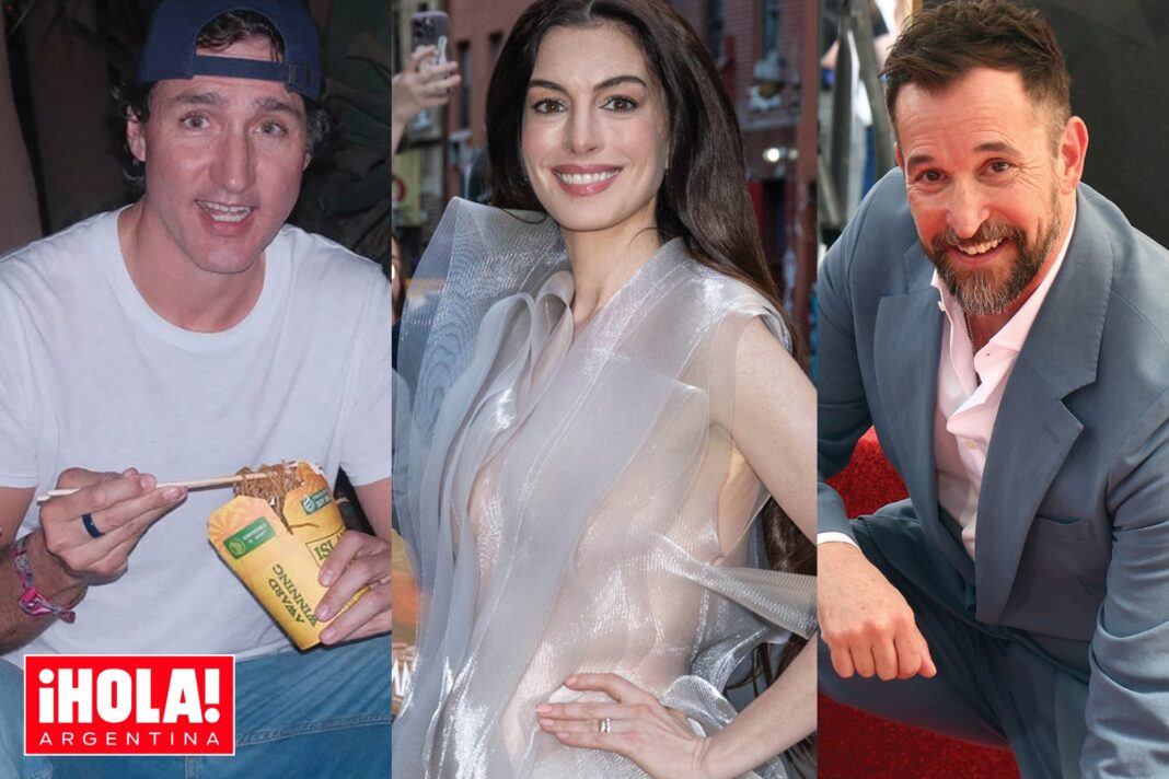 Collage con imágenes de Justin Trudeau y Katy Perry, Anne Hathaway en un evento, y Noah Wyle en la ceremonia de su estrella.