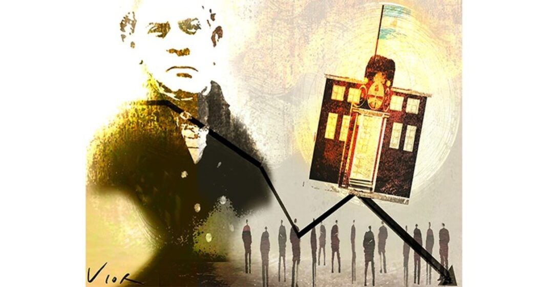 Profesor analizando documentos en un aula vacía, simbolizando la reflexión sobre el sistema educativo.