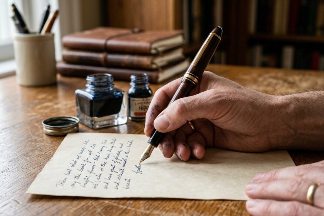 Carta antigua escrita a mano con pluma y tinta negra, sobre una mesa de madera