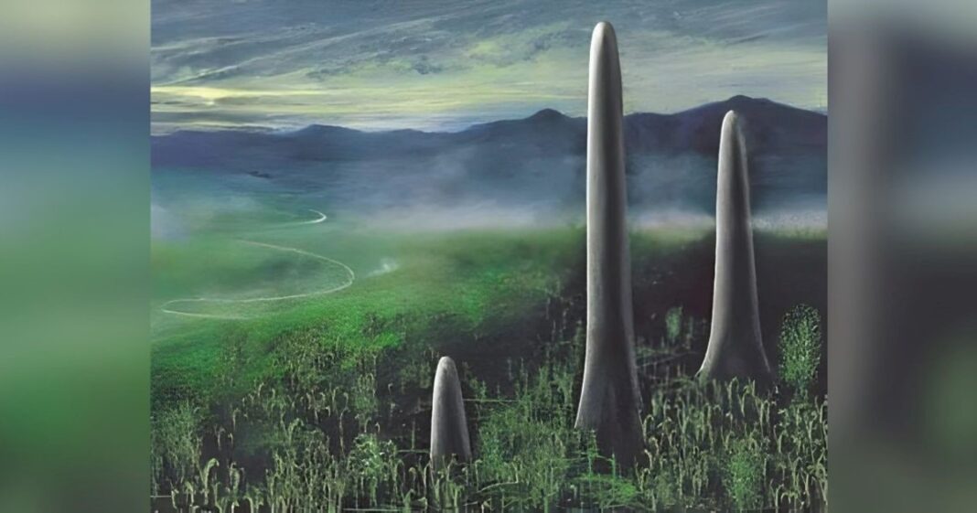 Recreación artística de los organismos Prototaxites en un paisaje primitivo.