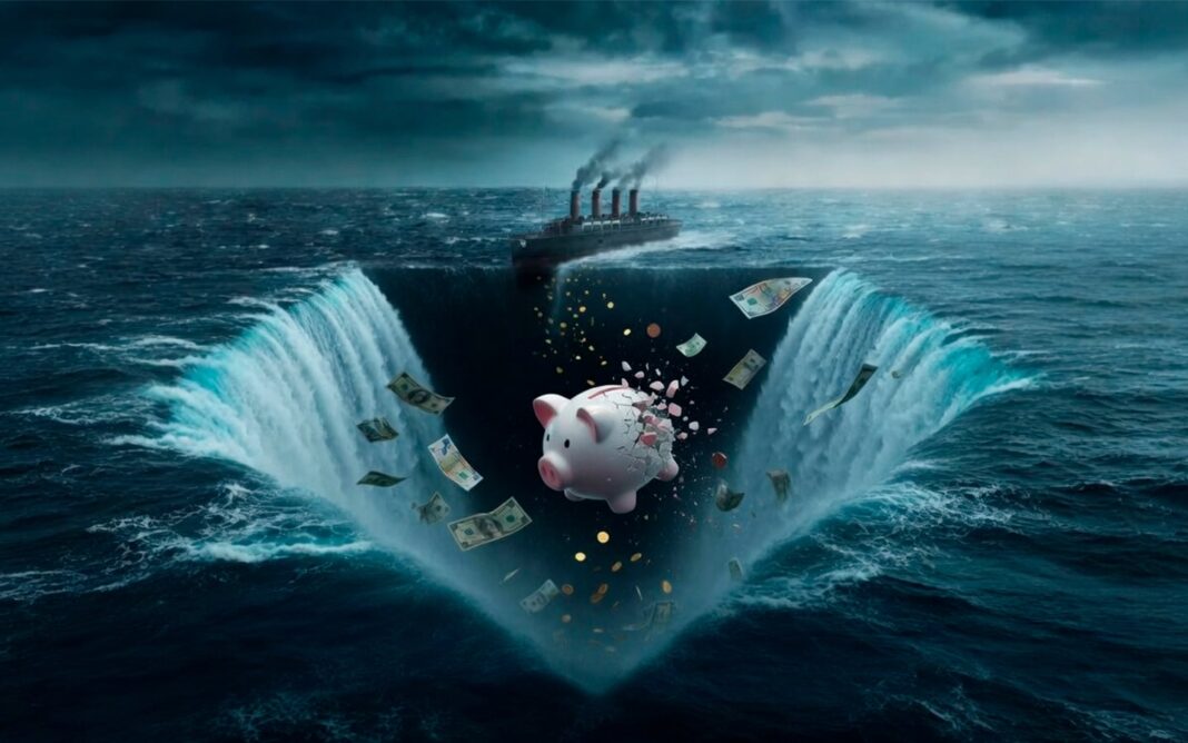 Gráfico ilustrativo de un triángulo con los conceptos inflación, tasas negativas y atraso cambiario, junto a símbolos de ahorro y protección.