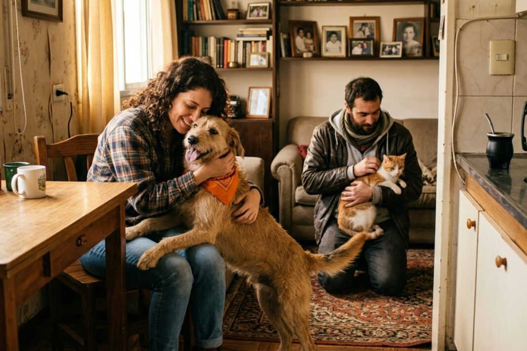 Persona abrazando a un perro y a un gato en un sillón
