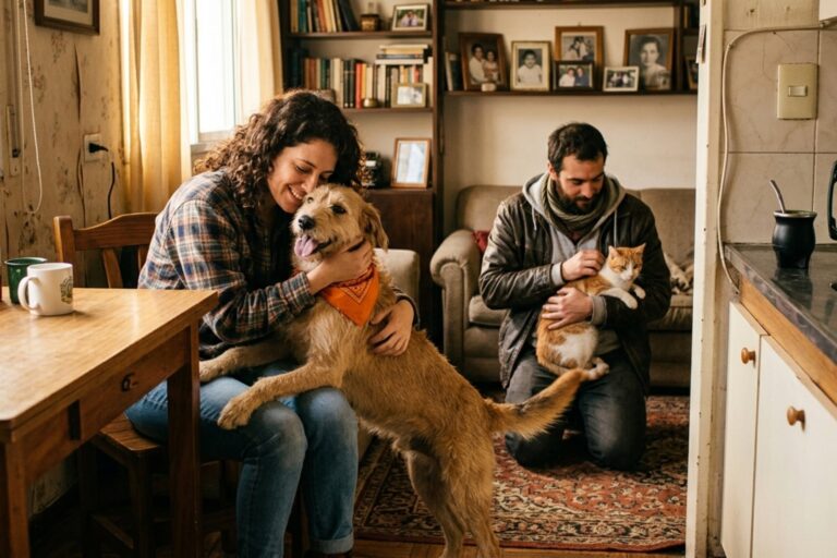 Persona abrazando a un perro y a un gato en un sillón