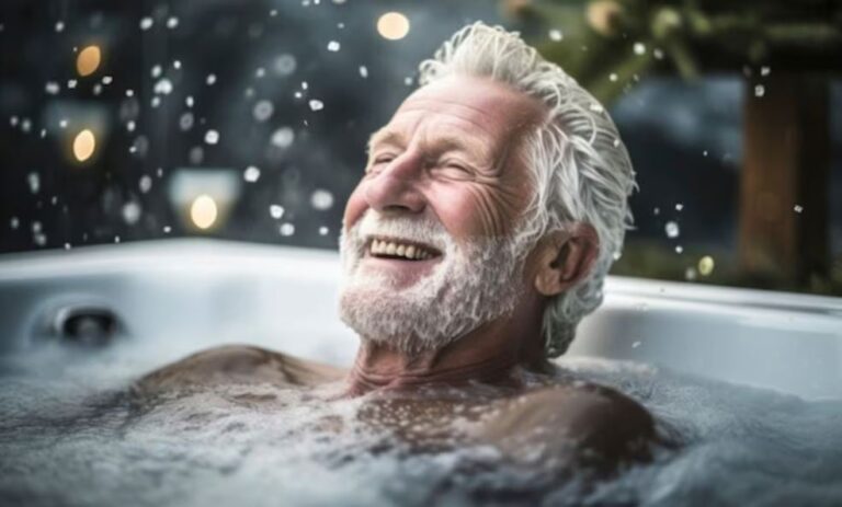Persona mayor realizando su higiene personal en el baño