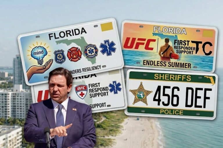 Diseño ilustrativo de una placa de automóvil del estado de Florida con un logo de organización benéfica.