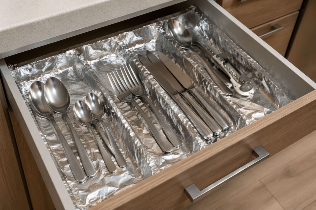 Cajón de cocina forrado con papel de aluminio, mostrando su aplicación práctica.
