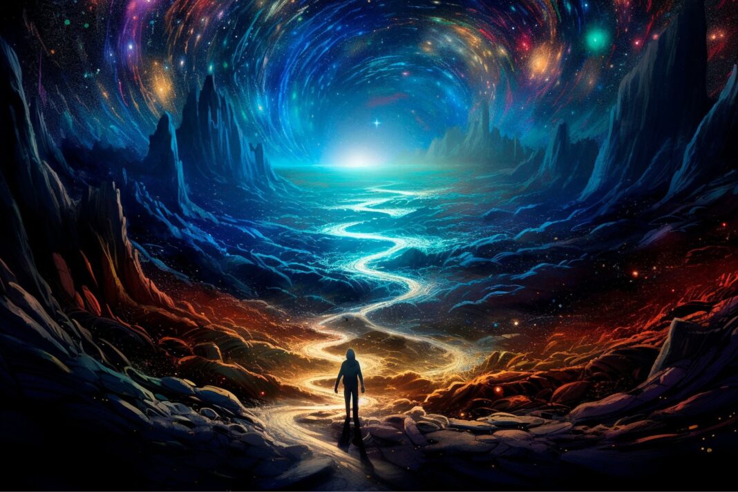 Ilustración conceptual de una joven en una cama de hospital con un efecto visual que sugiere realidades paralelas.