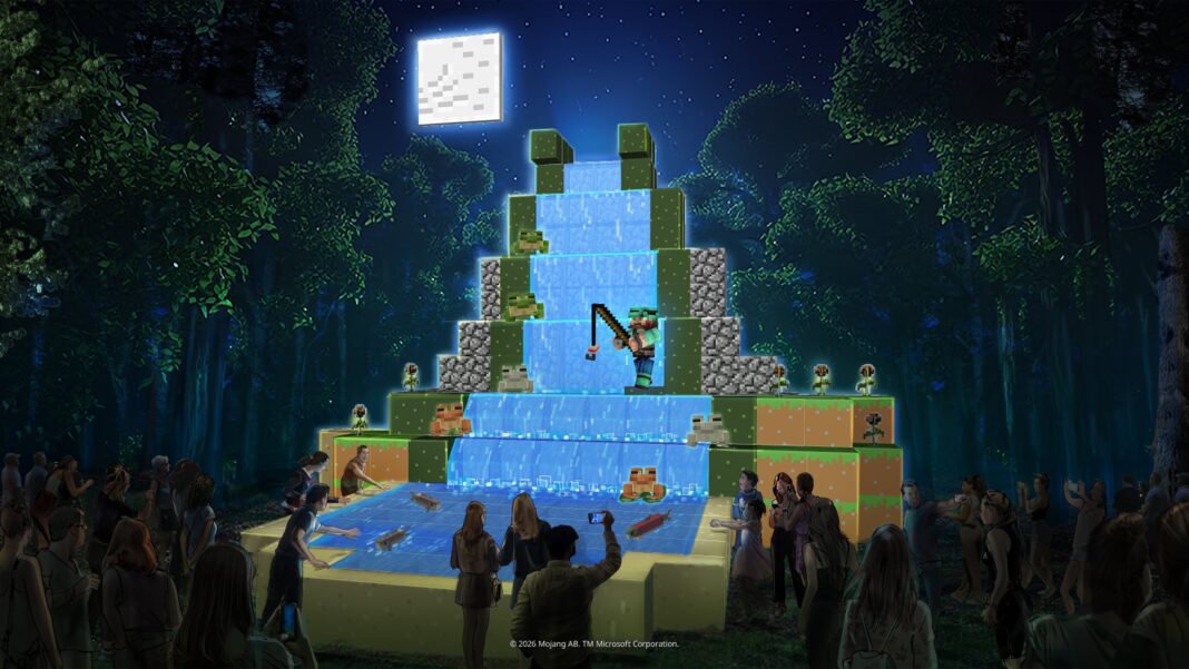Ilustración del evento Moonlight Trail de Minecraft en Ciudad Universitaria, Buenos Aires, mostrando elementos icónicos del videojuego.
