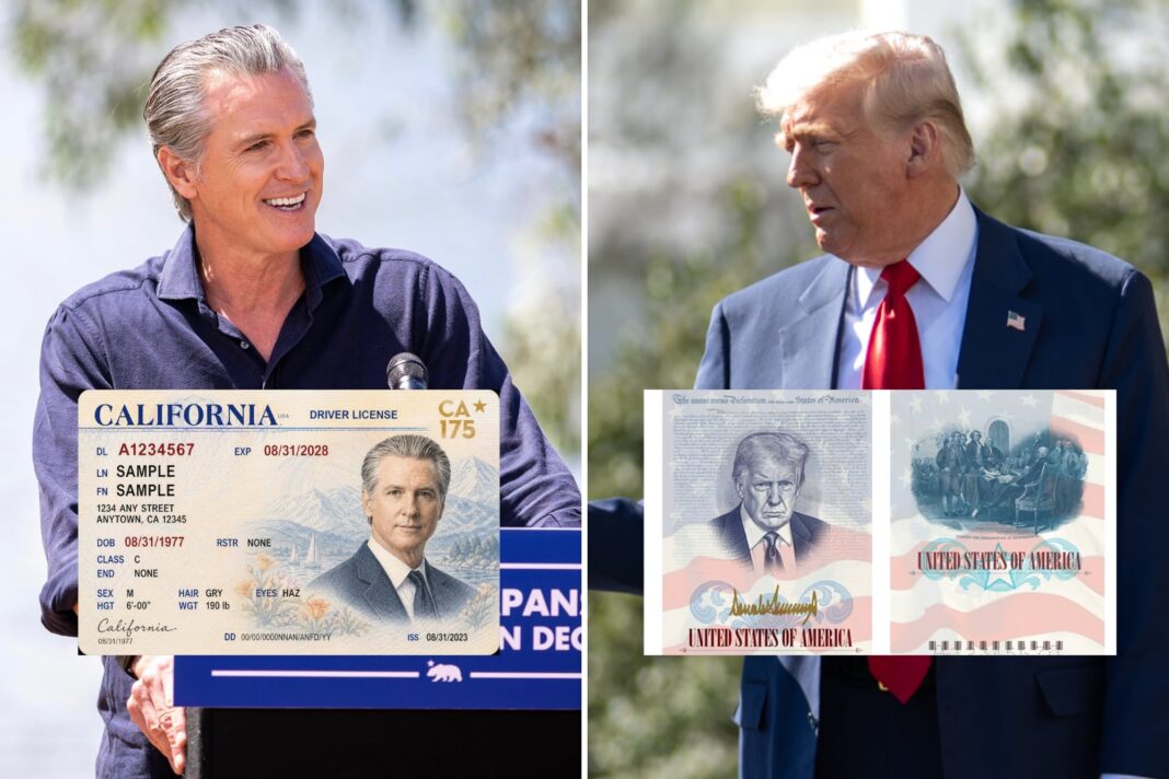 Gavin Newsom sonriendo junto a una simulación de licencia de conducir de California