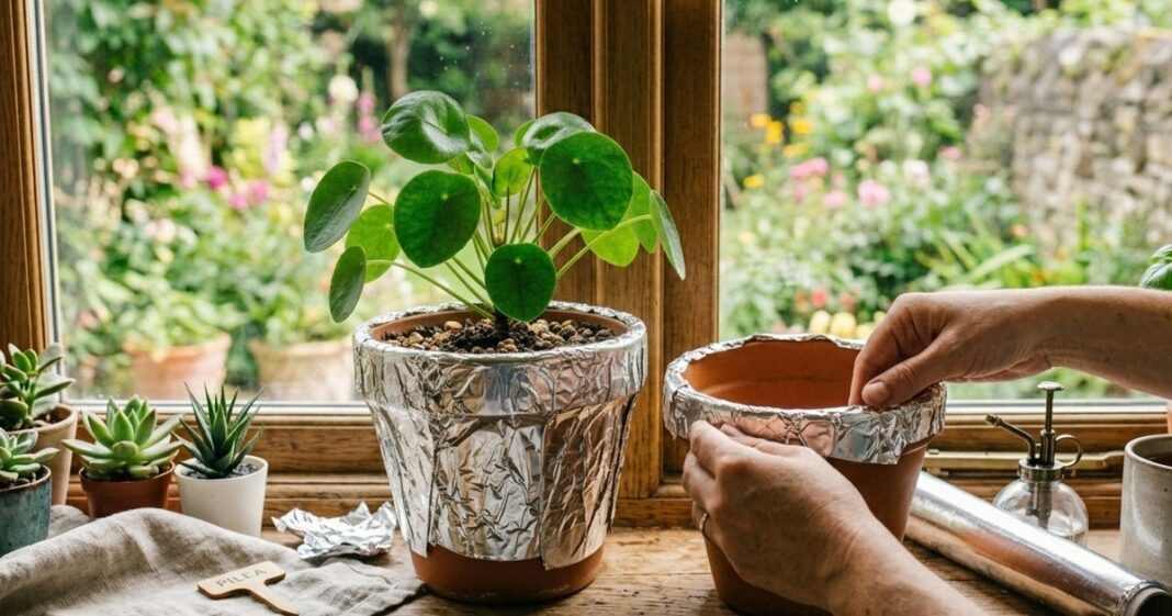Maceta con suculentas y papel de aluminio reflejando luz, técnica de jardinería.