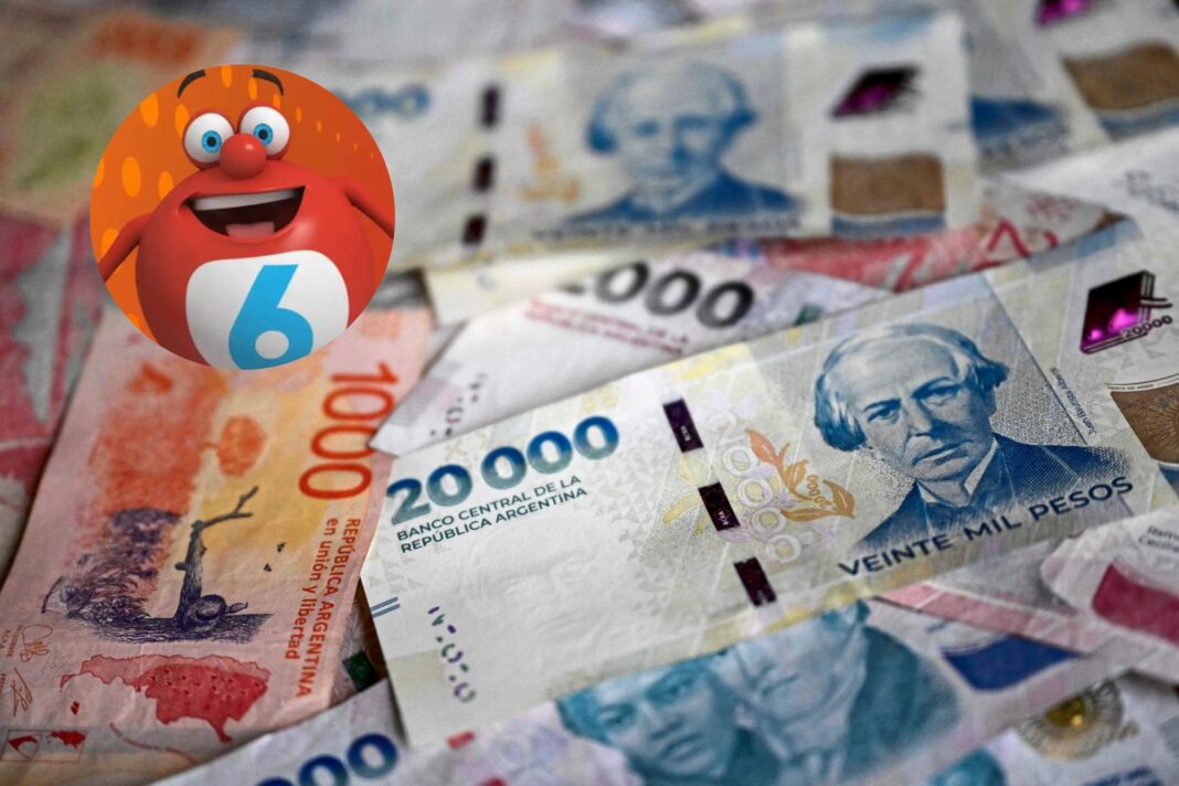 Ticket de lotería Quini 6 con números de sorteo sobre fondo de billetes argentinos