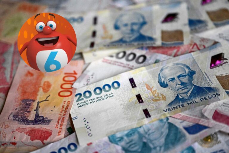 Ticket de lotería Quini 6 con números de sorteo sobre fondo de billetes argentinos