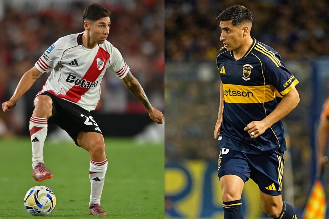 Escudos de River Plate y Boca Juniors enfrentados, con el estadio Monumental de fondo.
