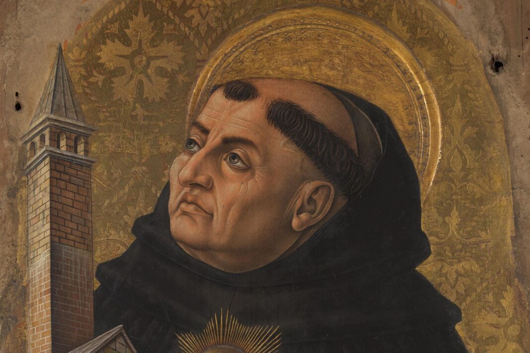 Representación artística de Santo Tomás de Aquino reflexionando, con símbolos de emociones humanas.