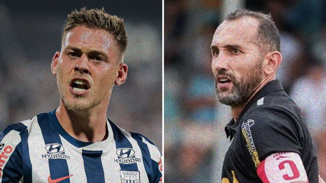 Escudos de Alianza Lima y FC Cajamarca sobre fondo verde de cancha de fútbol