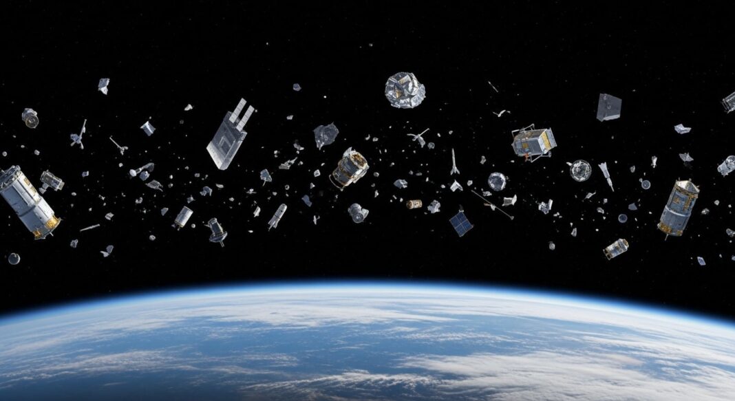 Ilustración de basura espacial orbitando la Tierra con fragmentos de cohetes y satélites