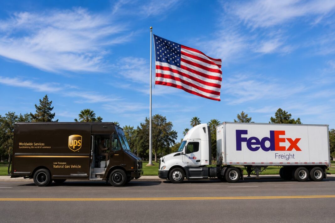Camiones de UPS y FedEx estacionados frente a un depósito en Texas durante un feriado
