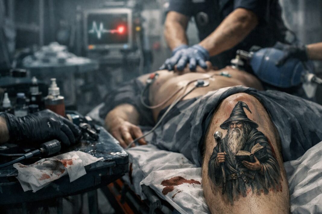 Máquina de tatuar y agujas sobre una mesa de trabajo