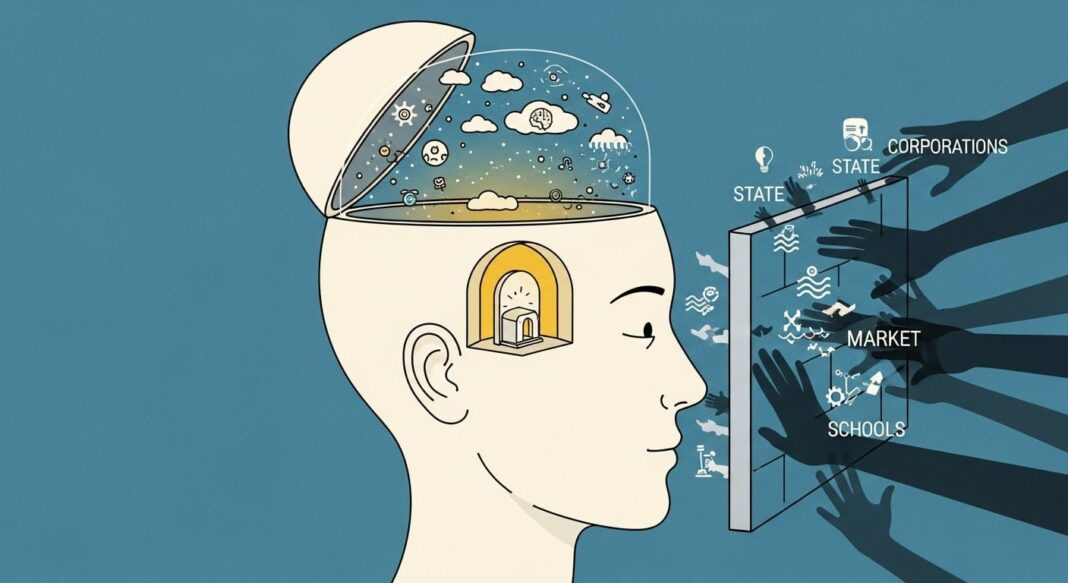 Representación de una mente humana con conexiones neuronales y dispositivos tecnológicos alrededor