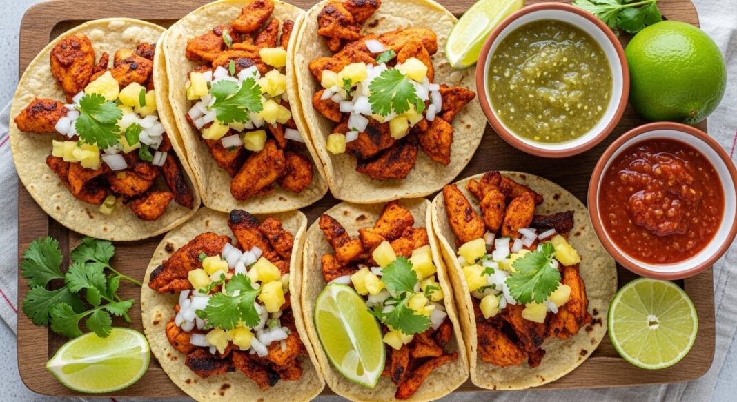Tacos de pollo al pastor servidos en tortillas de maíz con cebolla y cilantro
