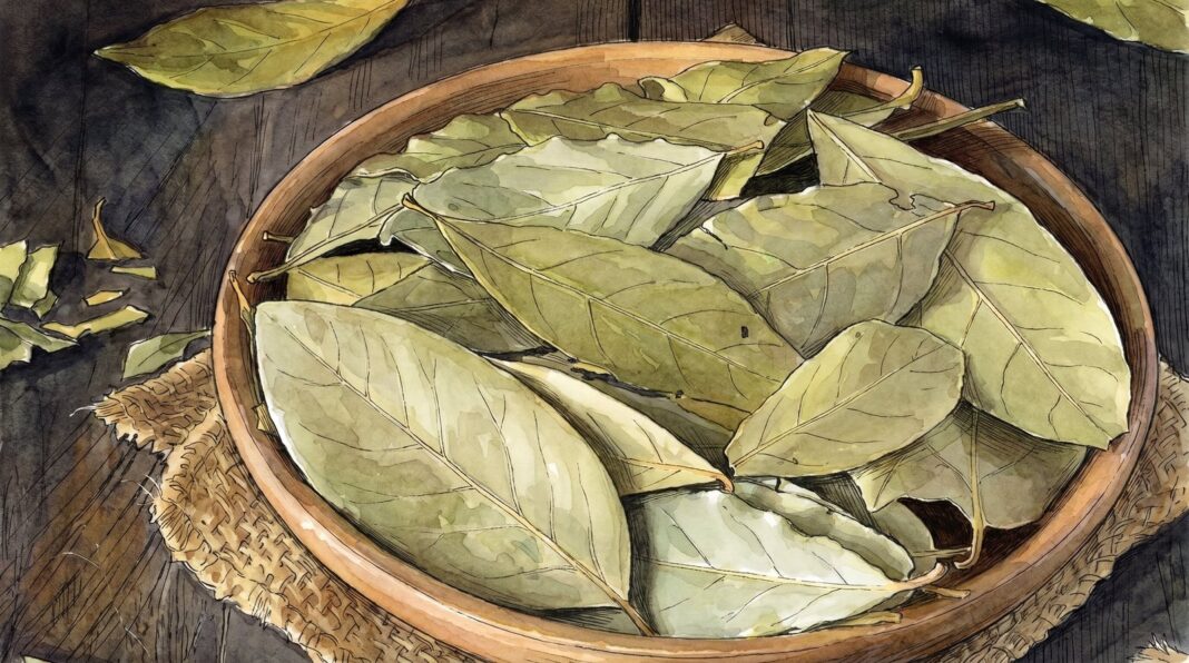 Hojas de laurel secas sobre una superficie de madera