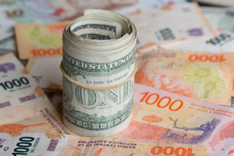 Billetes de dólar y monedas de peso argentino sobre una mesa