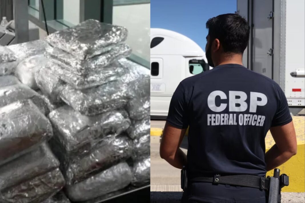 Perro detector de la CBP junto a un vehículo en un puerto de entrada de California