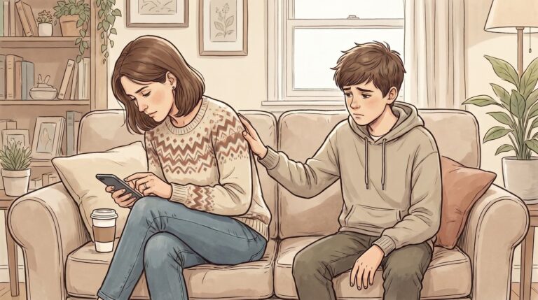 Adolescente mirando a sus padres que usan teléfonos móviles