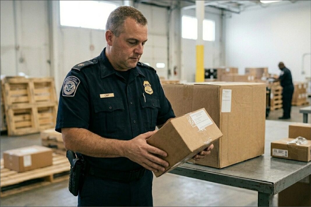 Paquetes apilados en un centro de distribución aduanero de la CBP