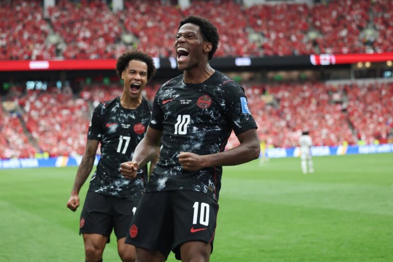 Jonathan David celebra un gol durante el partido Canadá vs. Qatar en el Mundial 2026
