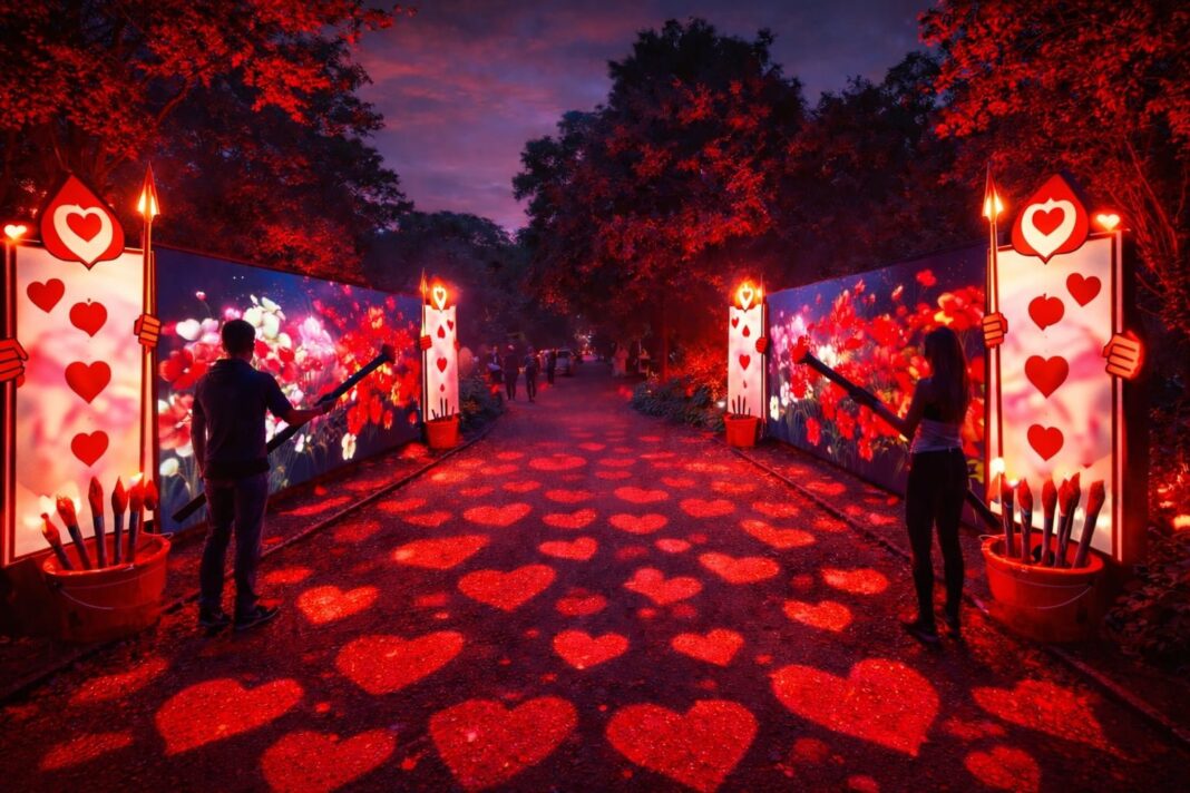 Vista nocturna del Jardín Botánico con instalaciones lumínicas de Maravillosa Alicia