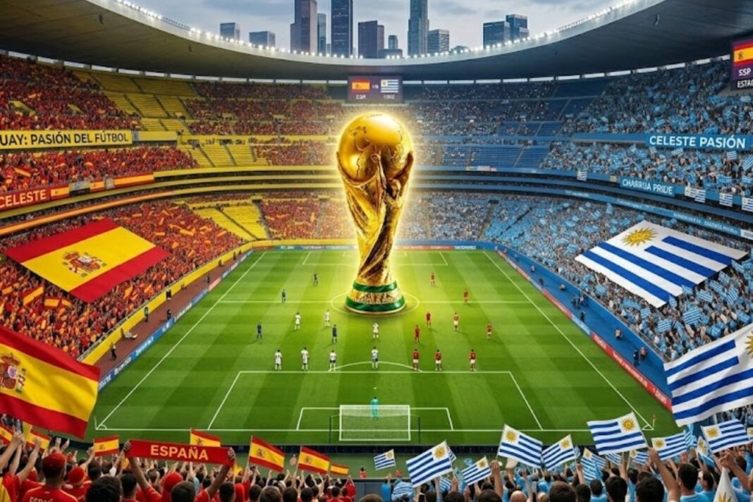 Estadio de fútbol con banderas de países participantes en el Mundial 2026