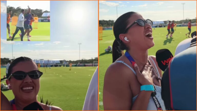 Periodista colombiana Sheyla García durante transmisión en vivo con Cristiano Ronaldo al fondo