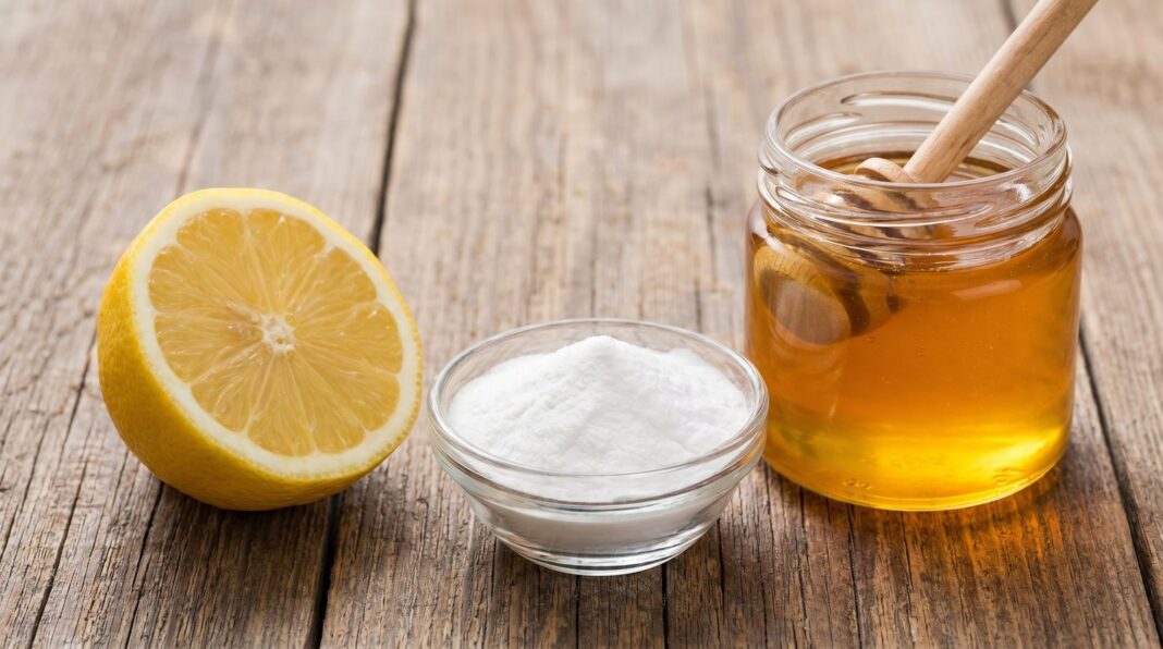 Ingredientes: limón, bicarbonato de sodio y miel sobre una mesa de madera