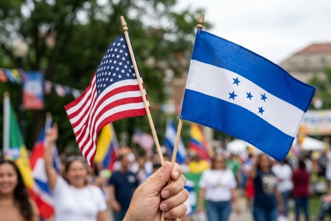 Personas con documentos migratorios y bandera de Honduras y Estados Unidos