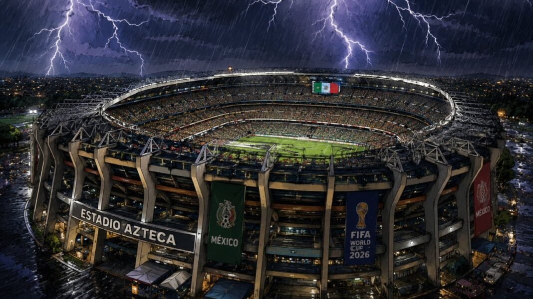 Estadio de fútbol bajo tormenta eléctrica con rayos en el cielo