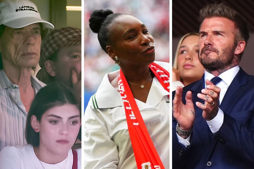 Mick Jagger, David Beckham, Victoria Beckham y Venus Williams en el palco del Miami Stadium durante el partido Inglaterra vs. Noruega