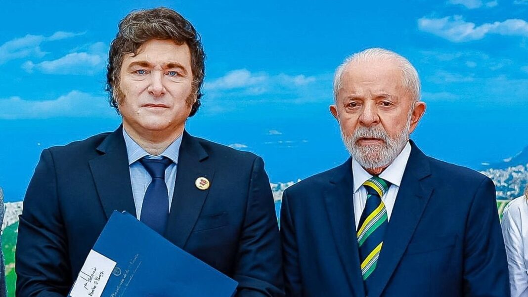 El presidente argentino Javier Milei durante un acto político en San Pablo, Brasil