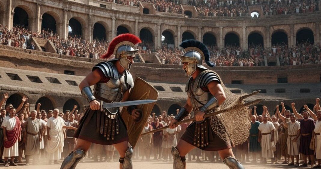 Escena de la película Gladiador mostrando reparto de pan en el Coliseo