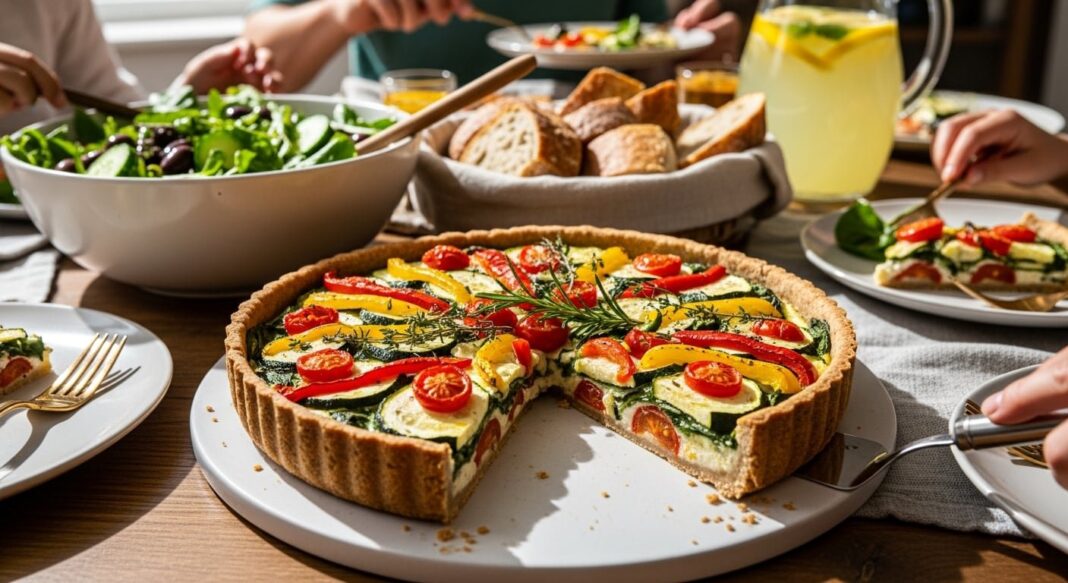 Tarta de verduras y ricota con masa integral recién horneada