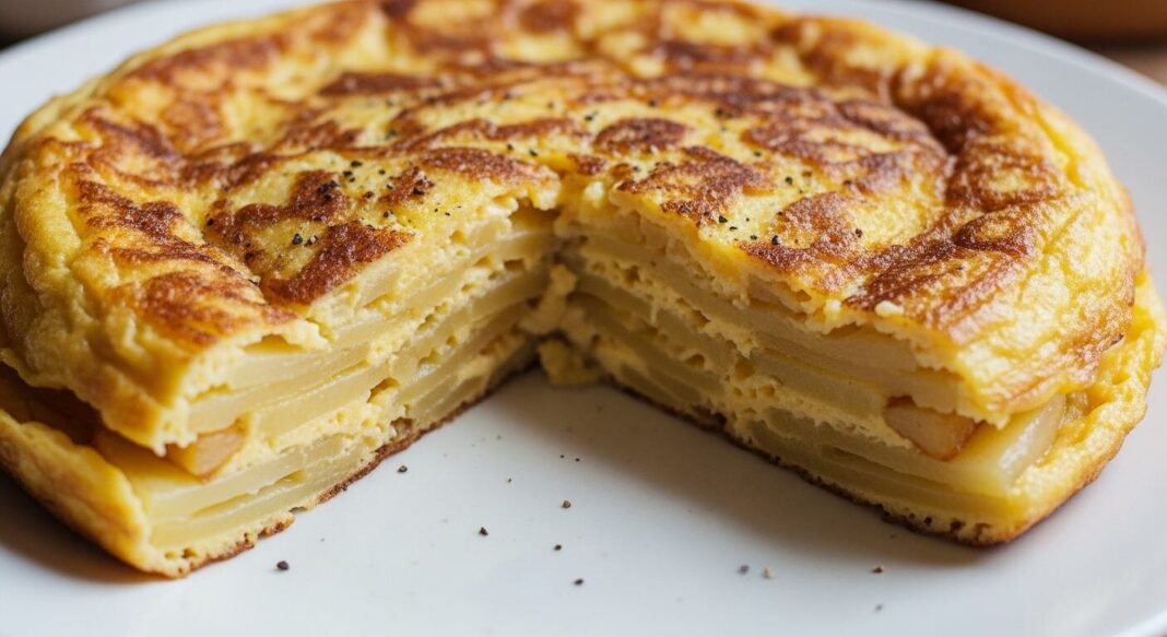 Tortilla de papa cubierta de filamentos blanquecinos y grisáceos dentro de un horno