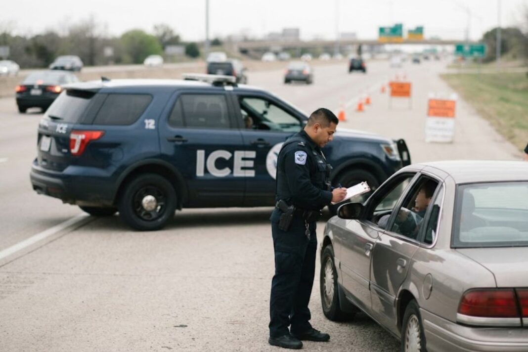 Agente del ICE realizando un control vehicular en una calle de Estados Unidos