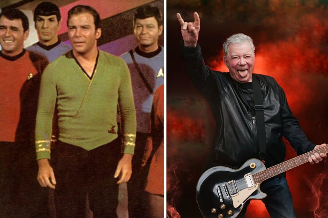 William Shatner en escenario con banda de heavy metal durante Riot Fest