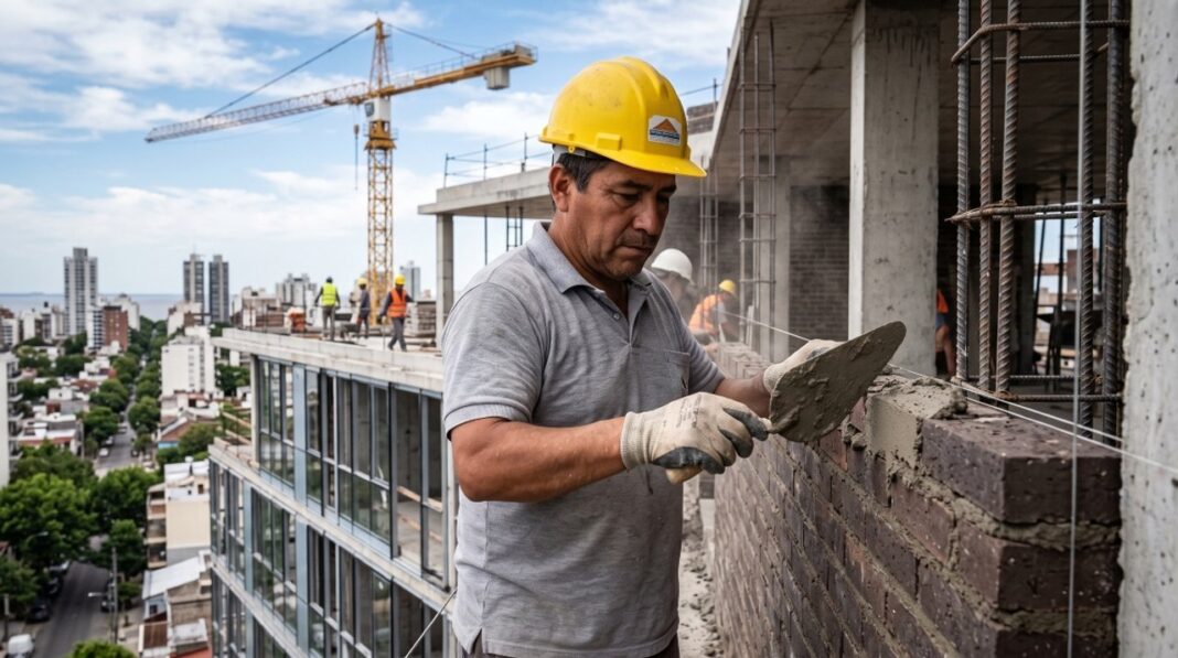 Trabajador de la construcción con casco y herramientas