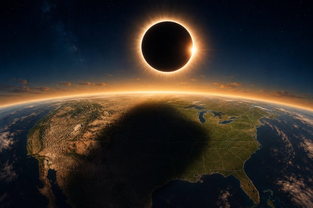 Mapa de la trayectoria del eclipse solar total del 12 de agosto de 2026 sobre España