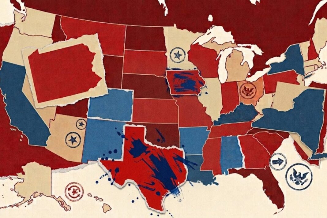Mapa de Estados Unidos con los estados de Texas e Iowa resaltados