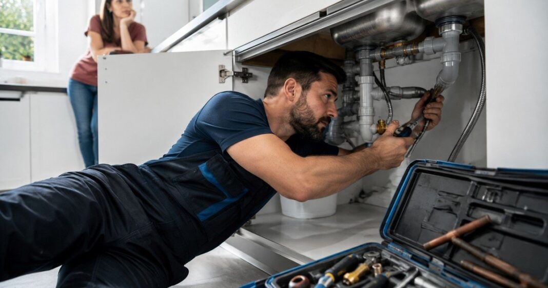 Fontanero con termo eléctrico en un edificio
