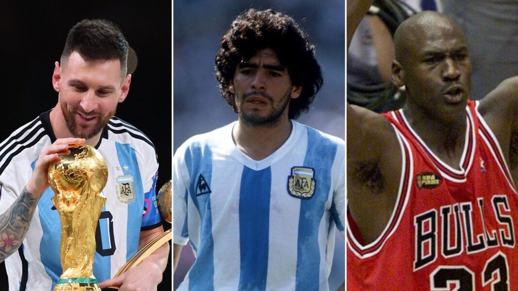 Michael Jordan, Diego Maradona y Lionel Messi en fotos de archivo
