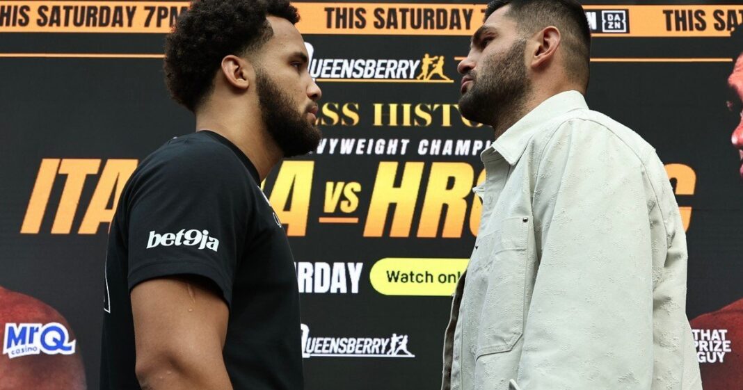 Moses Itauma y Filip Hrgovic posando para la pelea por el título pesado de la FIB