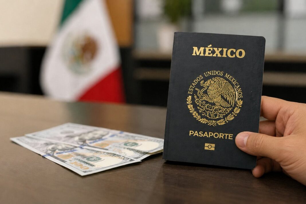 Pasaporte mexicano sobre una mesa con documentos